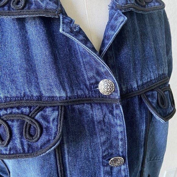 Chico's Denim Blue Jean Trucker Jacket Black Braid Trim Design Size 1. (M/L) - Picture 2 of 8